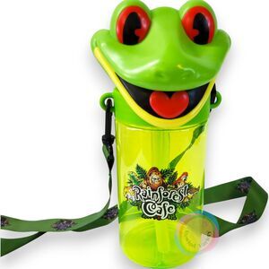 Vintage Rainforest Cafe Frog Lid Water Bottle Sipper Cup w/ Lanyard Y2K Cha Cha